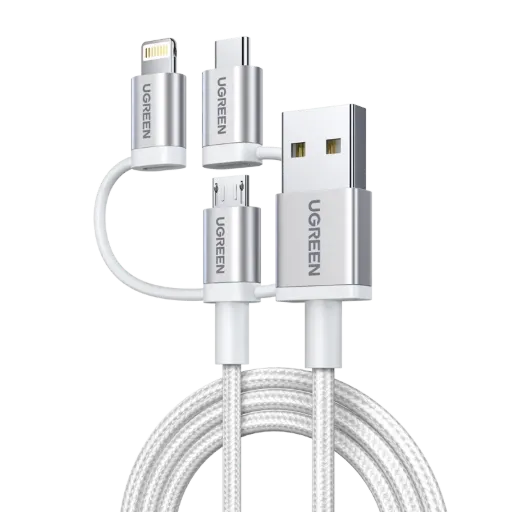 UGREEN 50203 3-in-1 USB2.0-A Multifunction Cable with Braid 1.5m (Silver White)